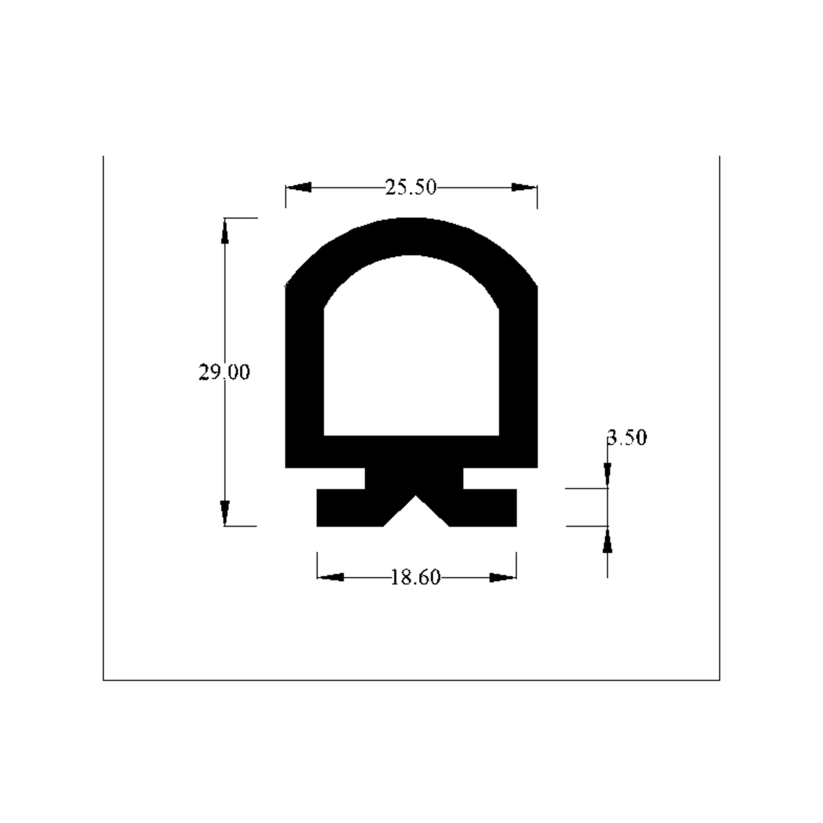 Cross-section diagram of a large hollow D-section seal with a winged foot base, dimensions labelled.
