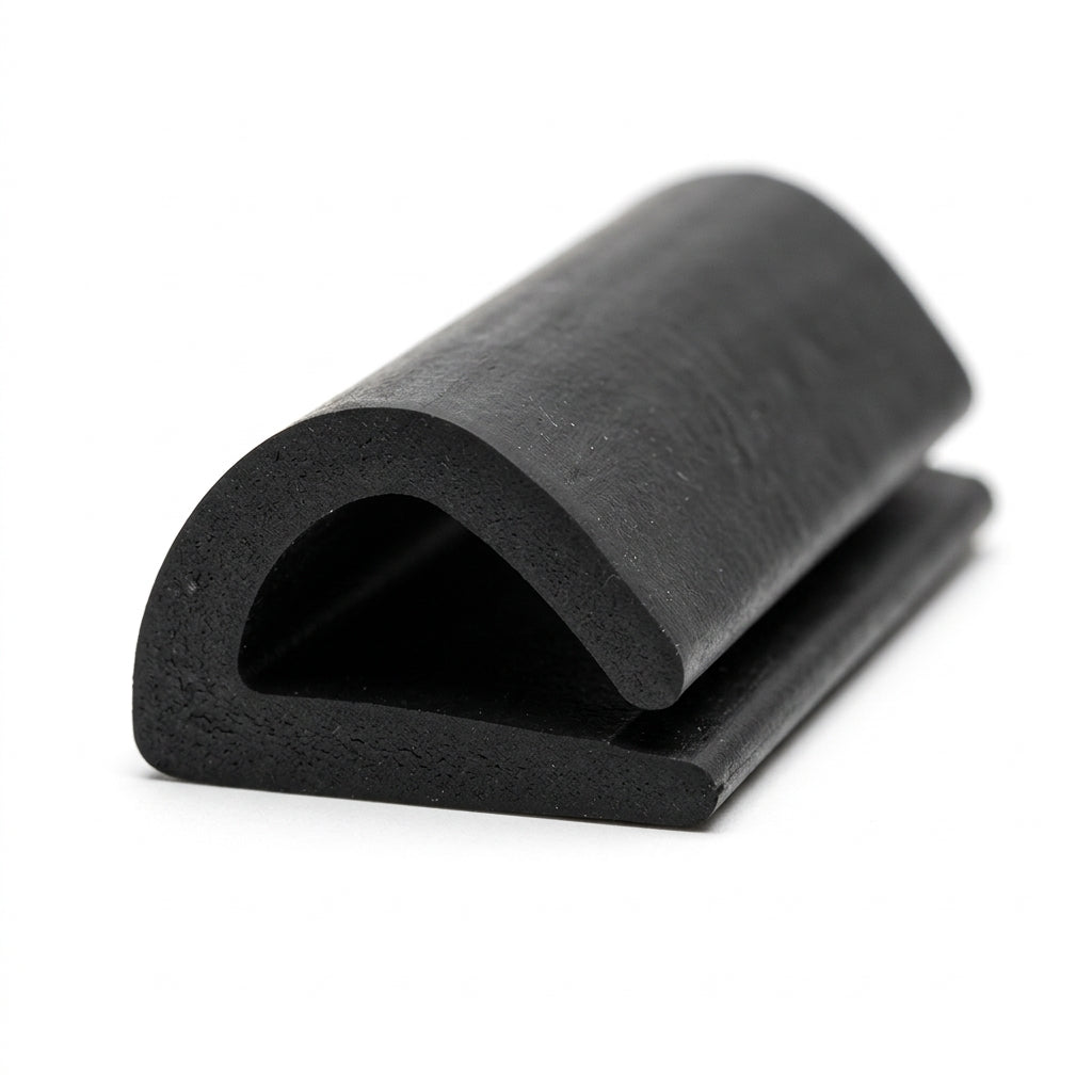 Black rubber wrap-over section with rounded hood, angled studio shot