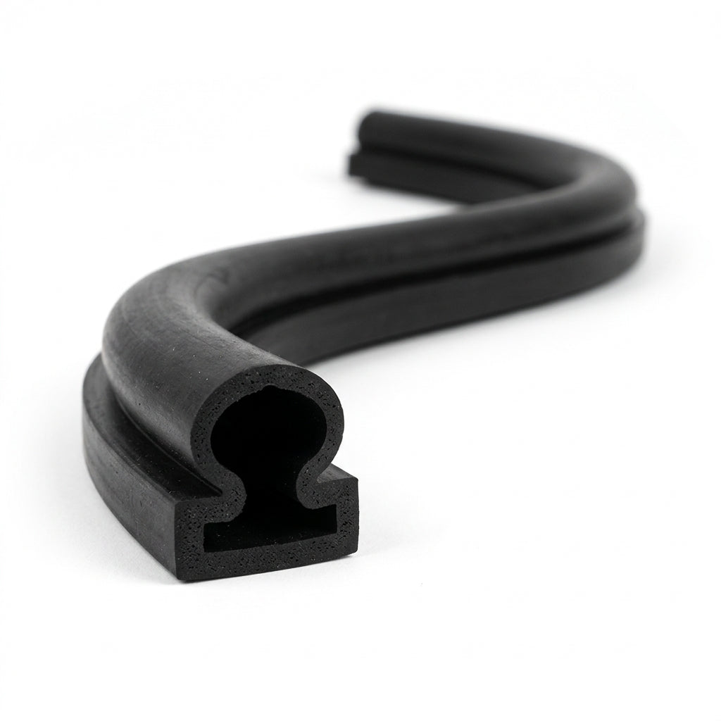 Coiled black rubber seal with mushroom-shaped hollow profile on white background