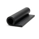 Black rubber tubular door seal with mounting flange, coiled on white