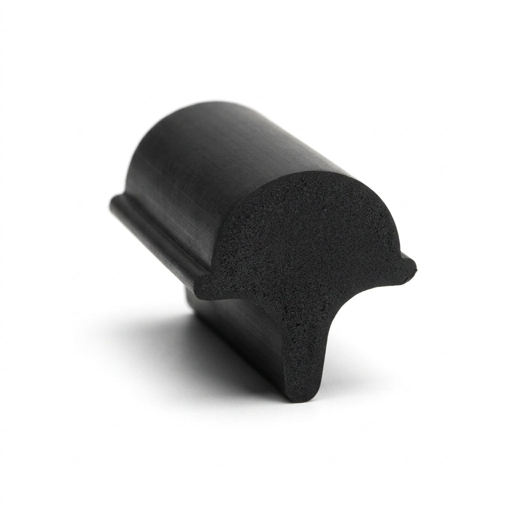 Black EPDM filler strip end-on, showing mushroom-shaped sponge head on solid base