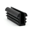 Black EPDM channel with ridged outer side grips, angled close-up on white background