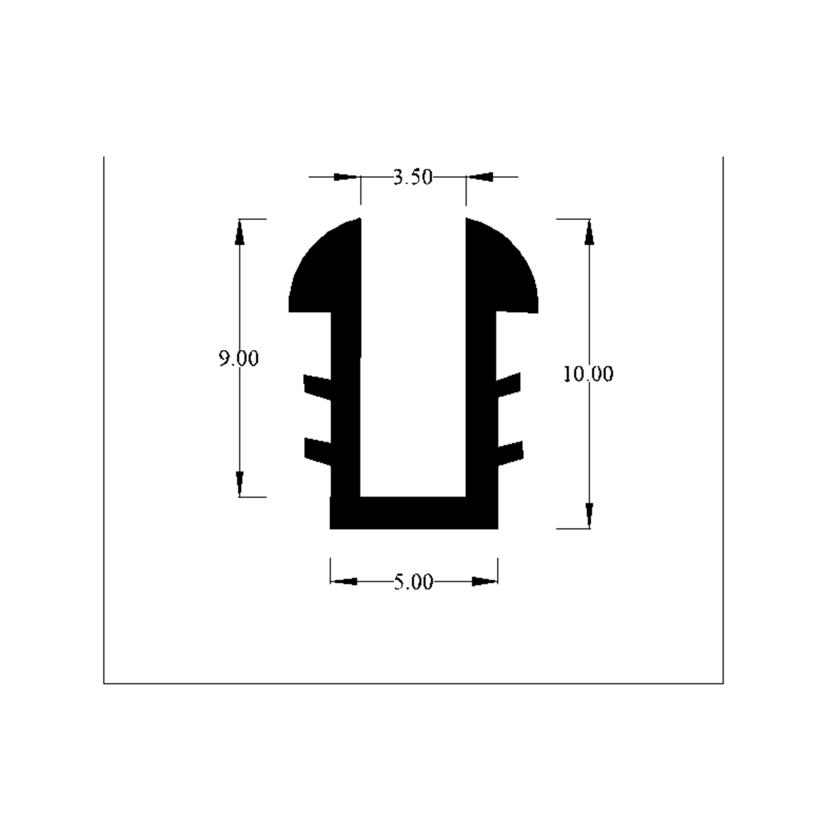 Cross-section diagram of channel with outer side grips, height 10.00mm width 5.00mm marked