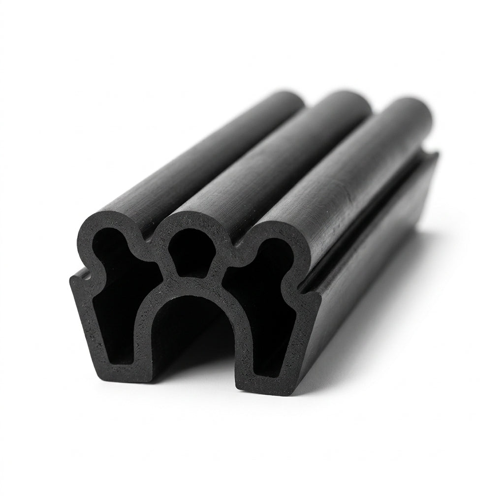 Triple-rib black rubber beading, angled length shot on white background