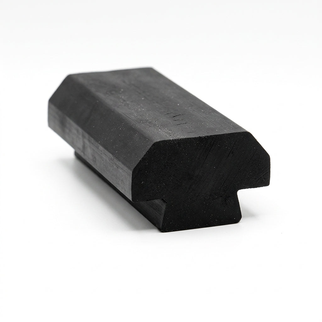 Short black rubber block section with slotted foot, angled studio shot