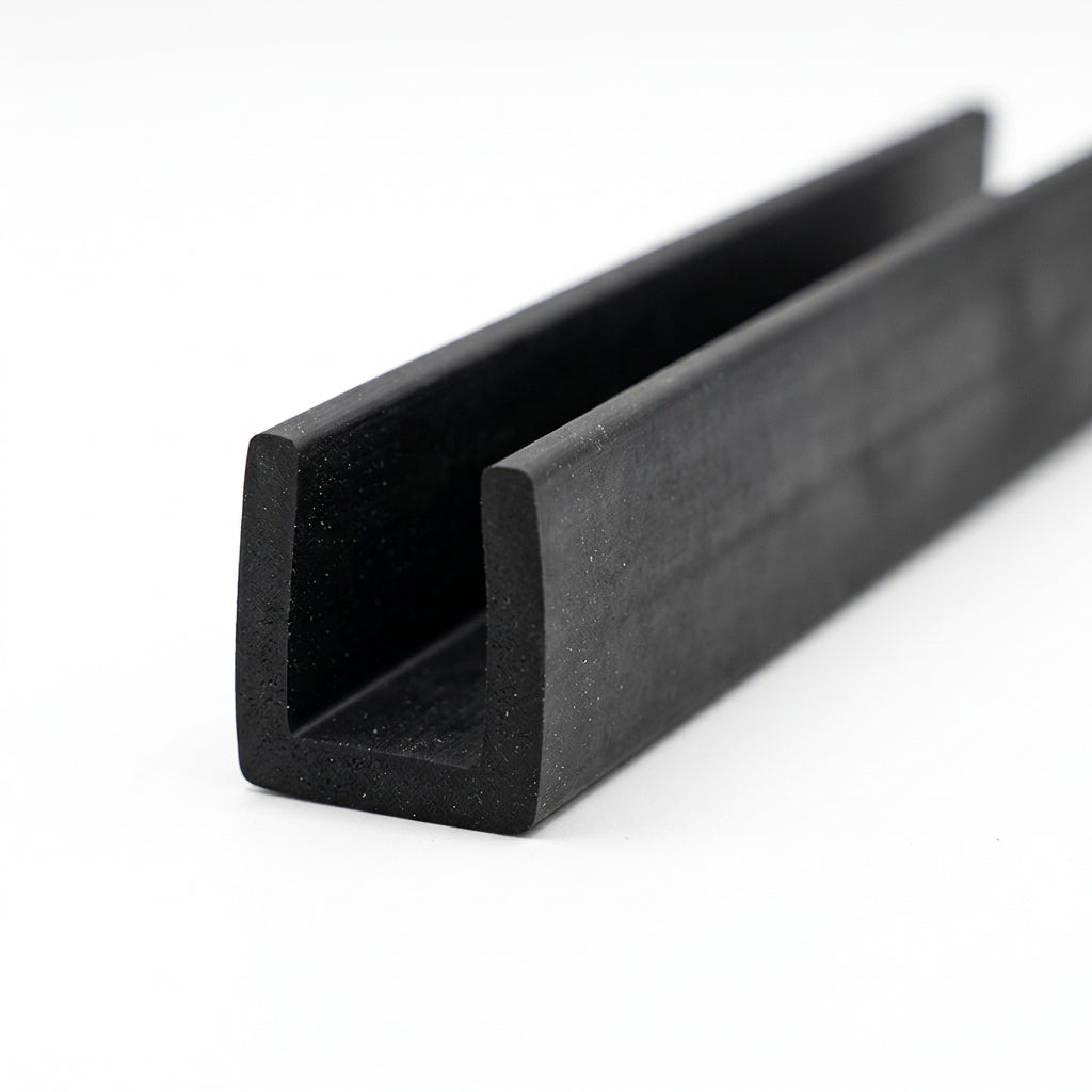 Black EPDM U-channel trim profile coiled, angled shot of square-ended groove