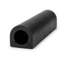 Black rubber D-shaped tube seal, coiled length on white background