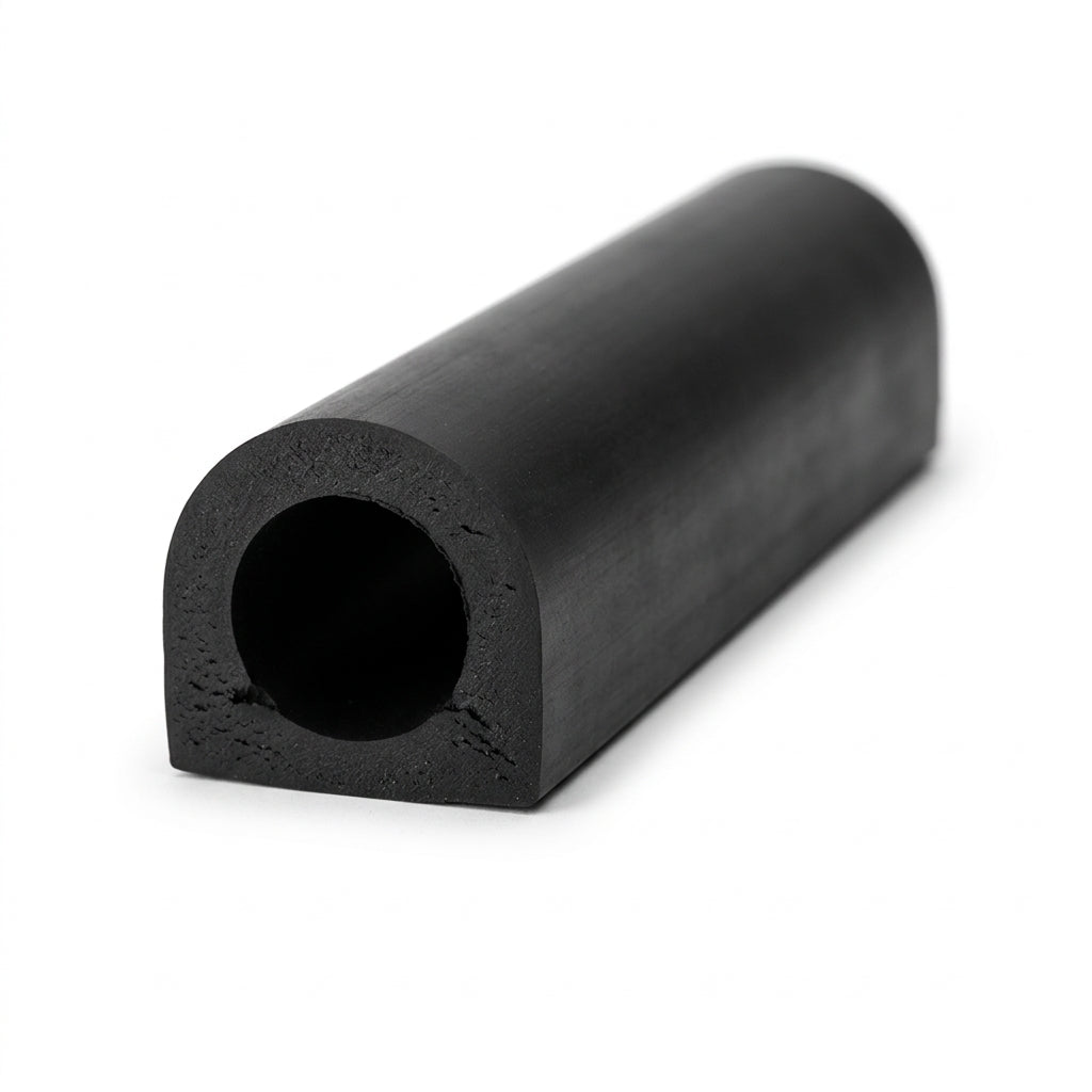 Black rubber D-shaped tube seal, coiled length on white background