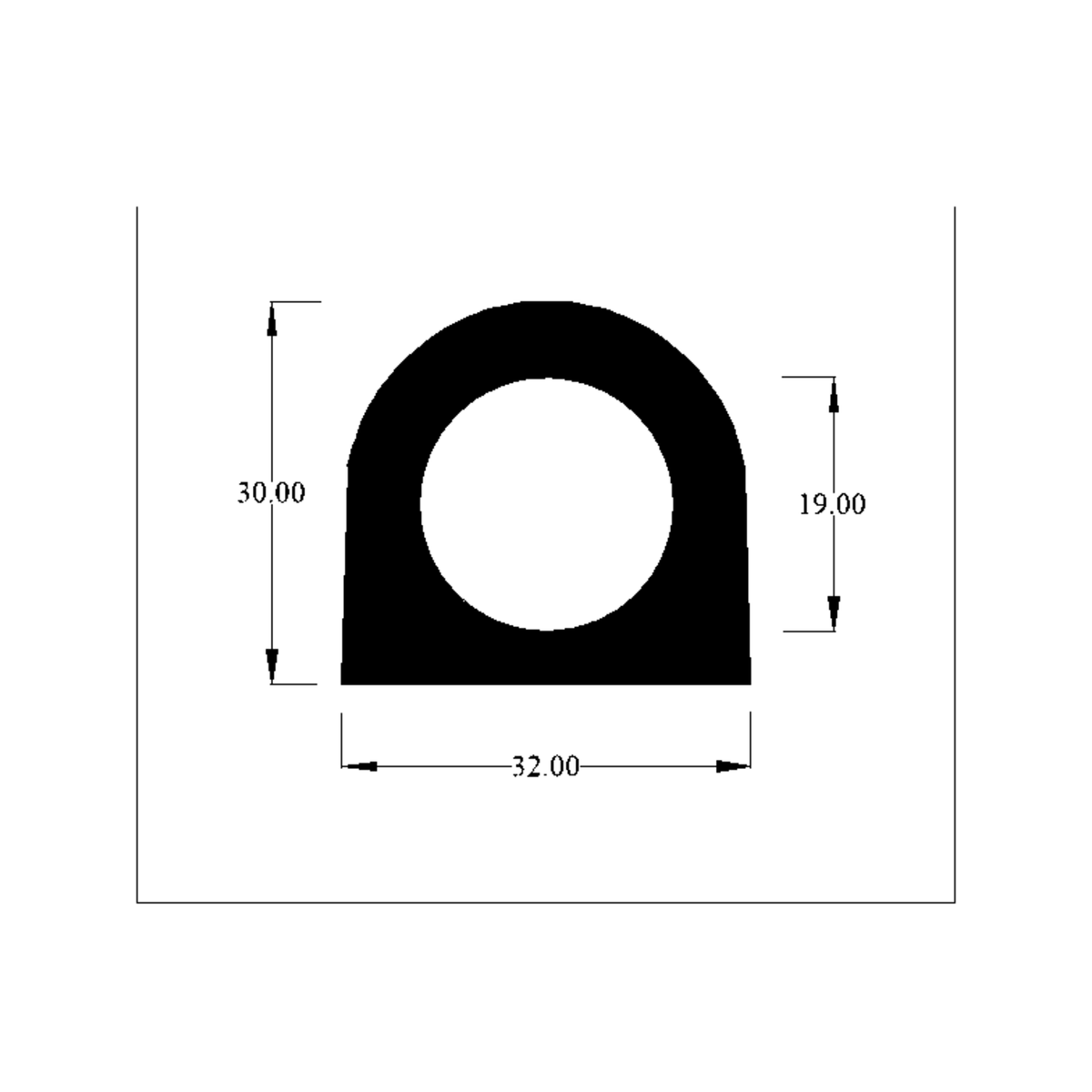 Technical diagram of D-shaped hollow seal profile with 30.00, 19.00 and 32.00mm dimensions