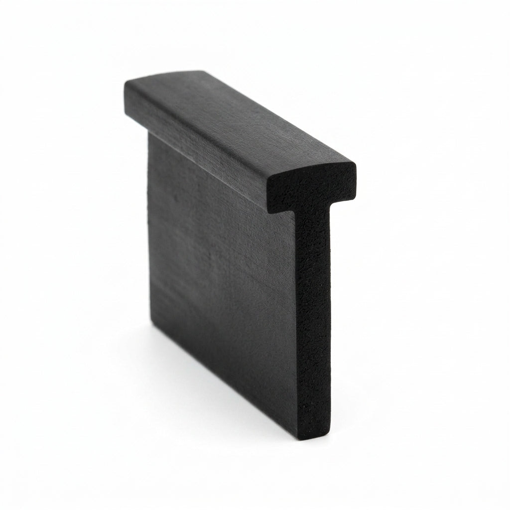 Short block of black T-section rubber extrusion standing on end, studio shot