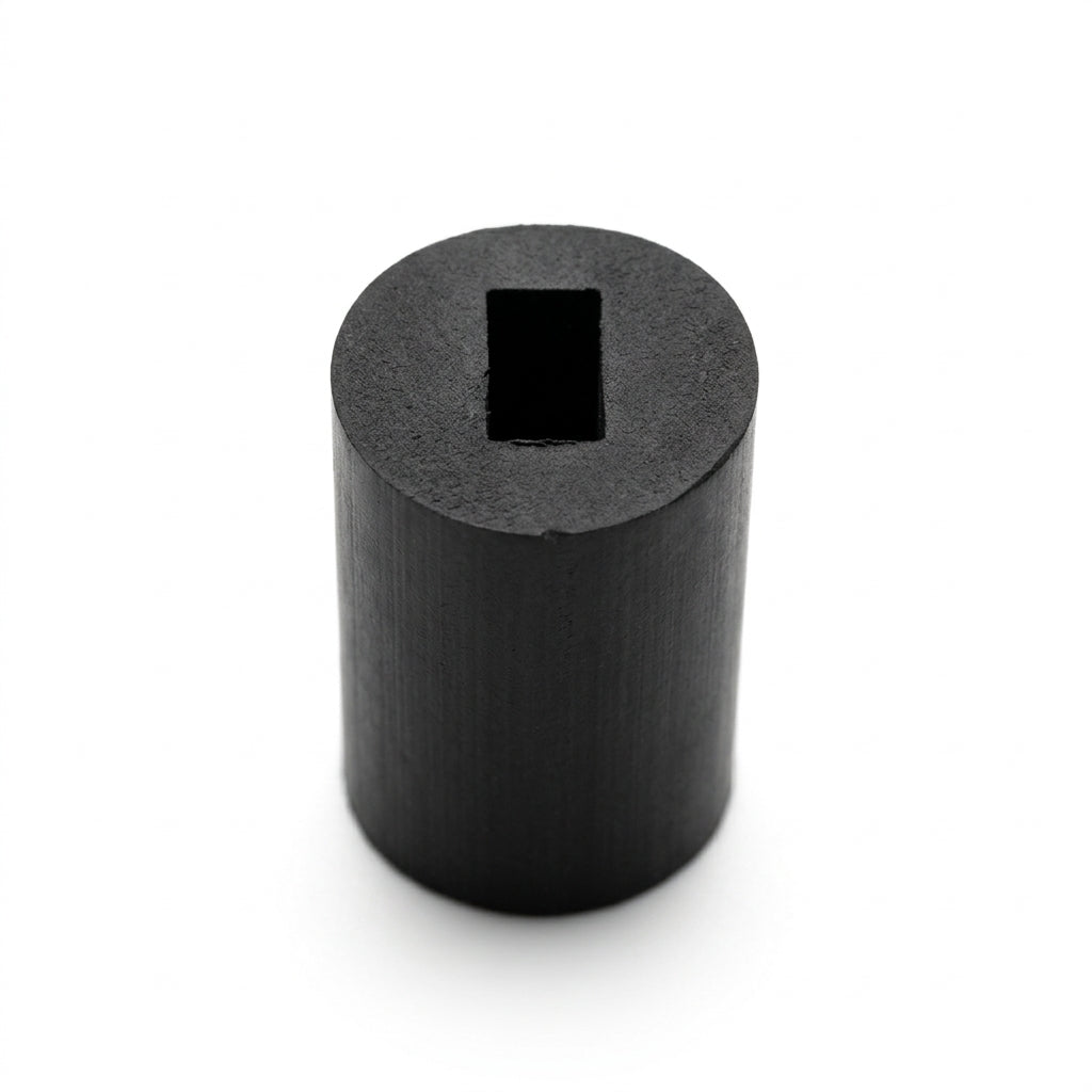 Black EPDM U-channel round profile, end-on view of cylindrical section with narrow top slot
