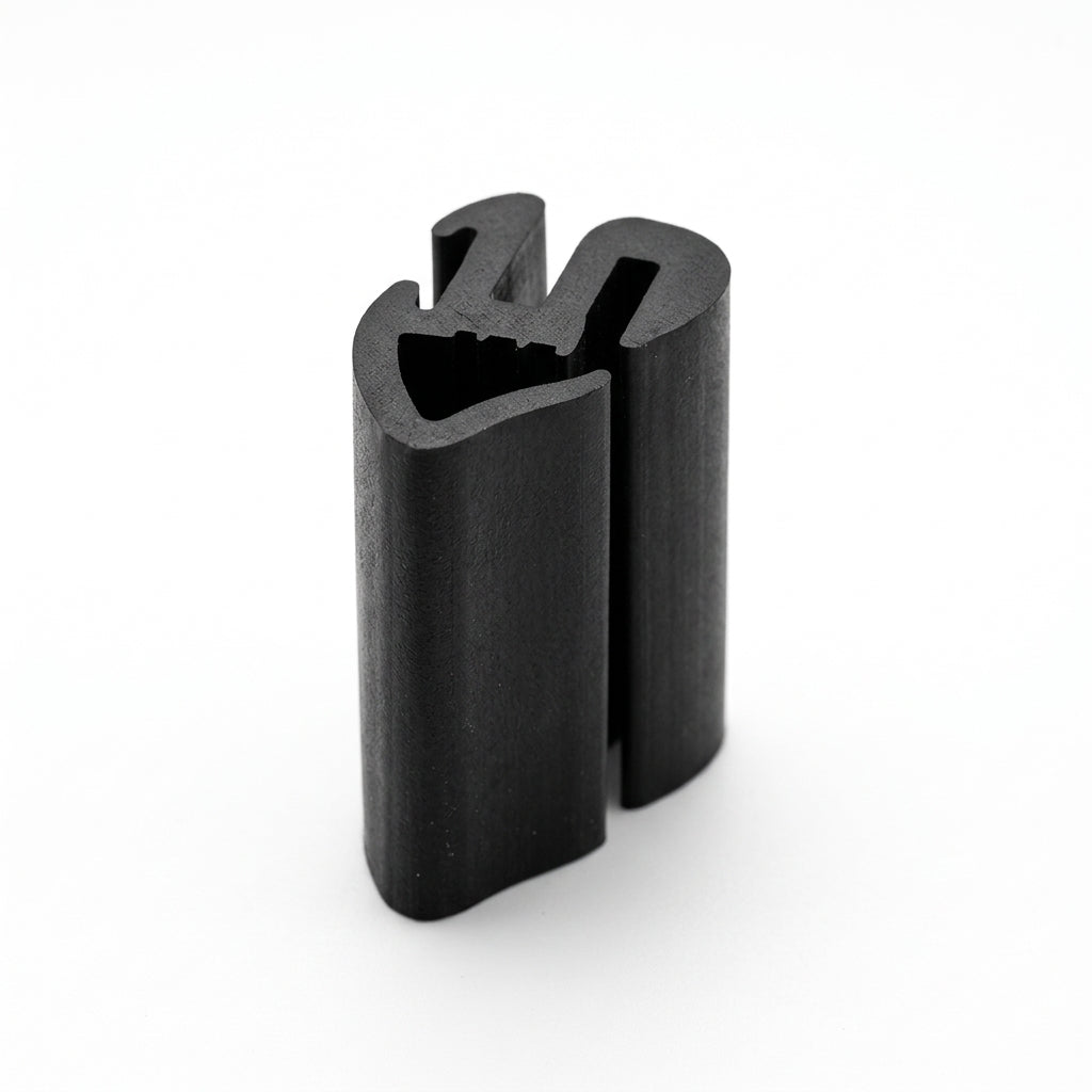 Black rubber S-shaped glazing section shown end-on, studio shot