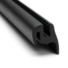 Angled view of black rubber glazing seal with ribbed grip and side channel