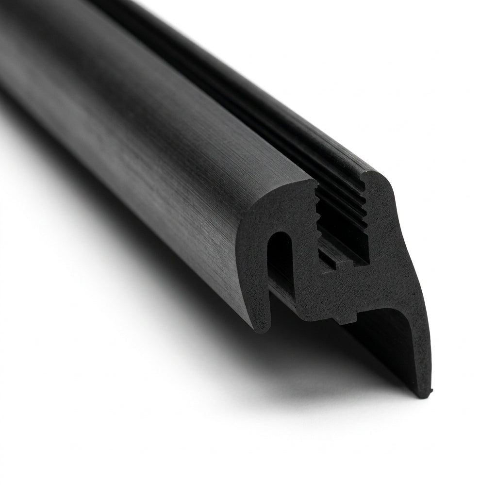 Angled view of black rubber glazing seal with ribbed grip and side channel