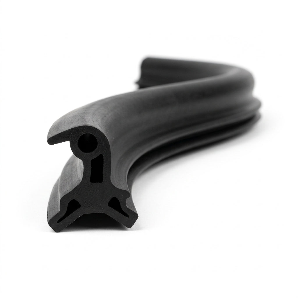 Black rubber hood seal, coiled length showing Y-shaped profile, studio shot