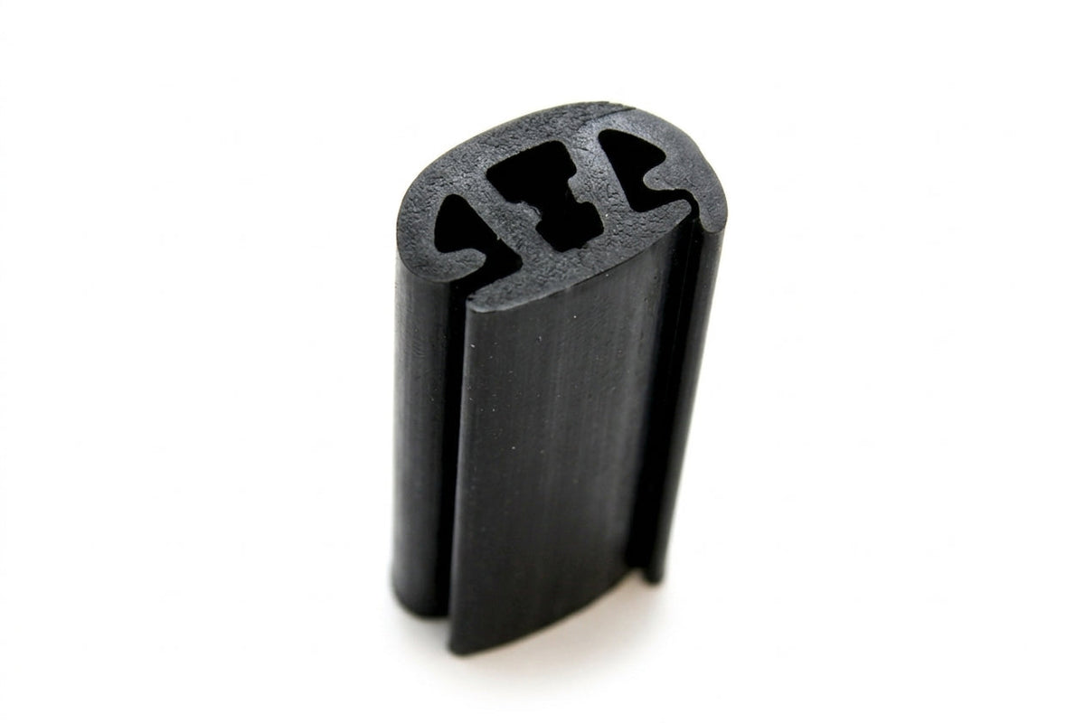 Black rubber windscreen seal with twin locking channels, upright end-on studio shot