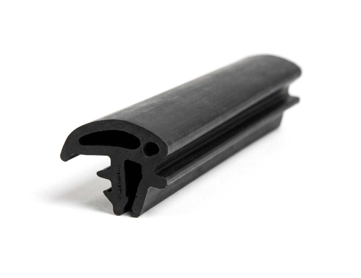 Black rubber windscreen seal with barbed locking channel, angled length on white background