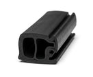 Black rubber windscreen seal with double hollow channel, angled length on white background