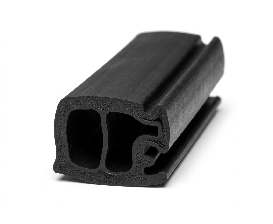 Black rubber windscreen seal with double hollow channel, angled length on white background