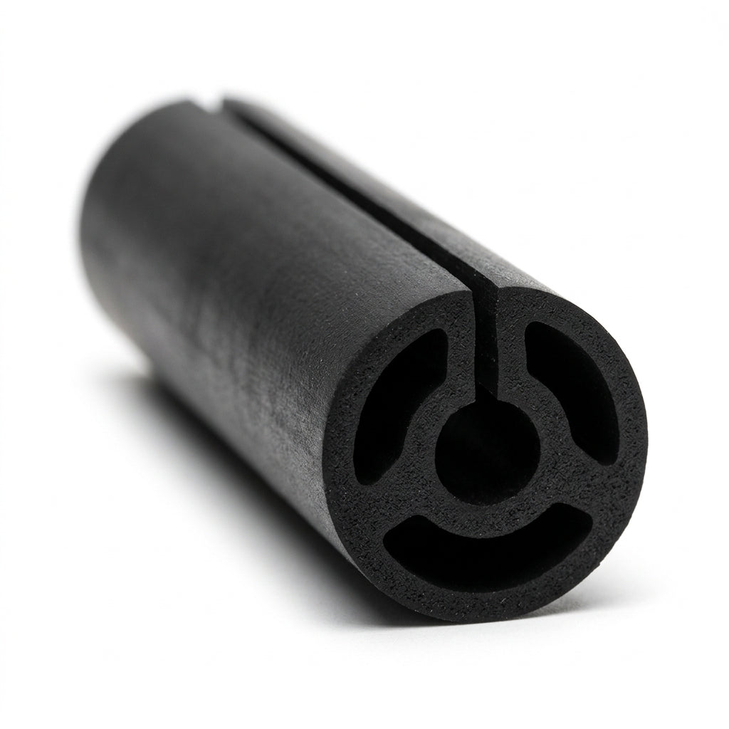 Black neoprene slit round channel coiled, end-on view showing hollow bore and axial slit