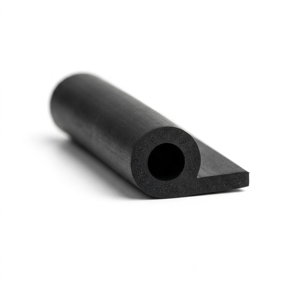 Black rubber hollow piping with round bead and flat tail, angled studio shot