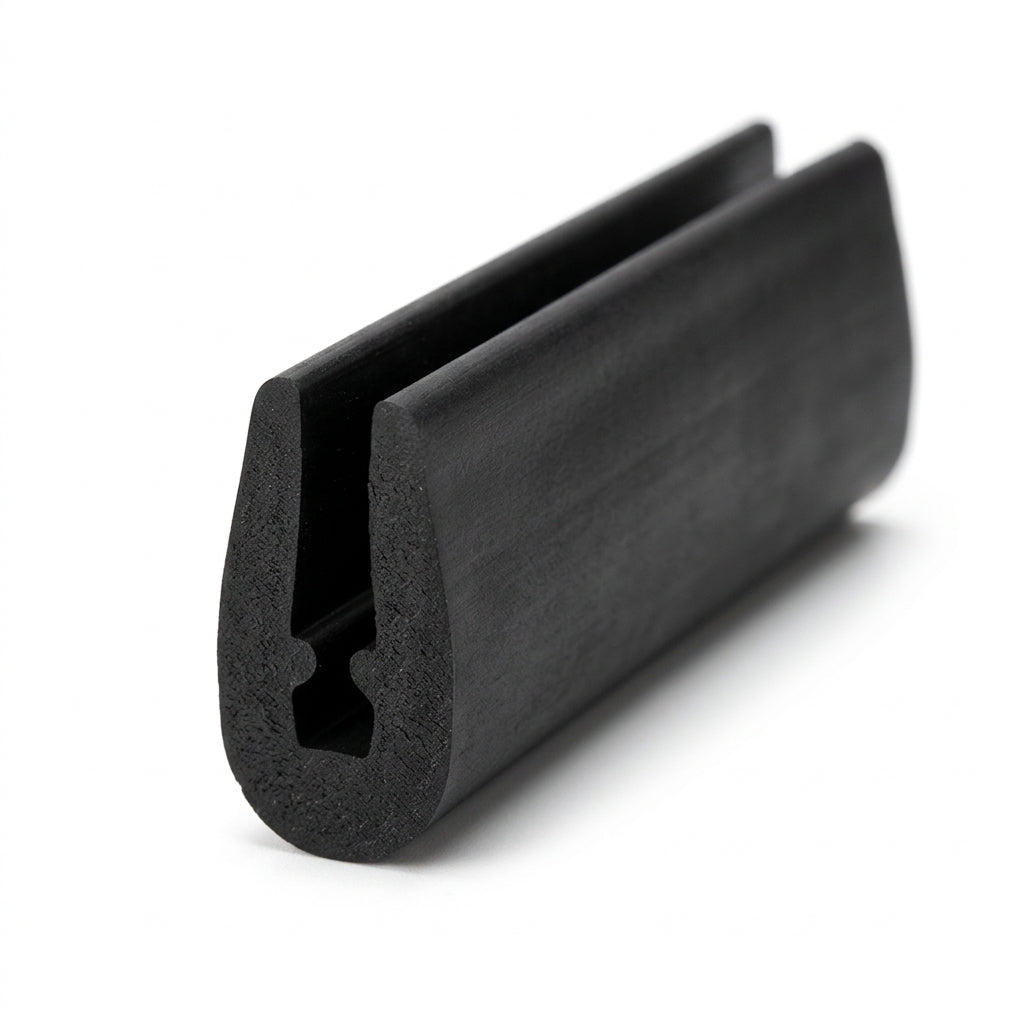 Black neoprene U-channel profile standing upright, angled studio shot with side grip slot