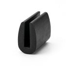 Black EPDM U-channel profile standing upright, plain white background shot of rounded block