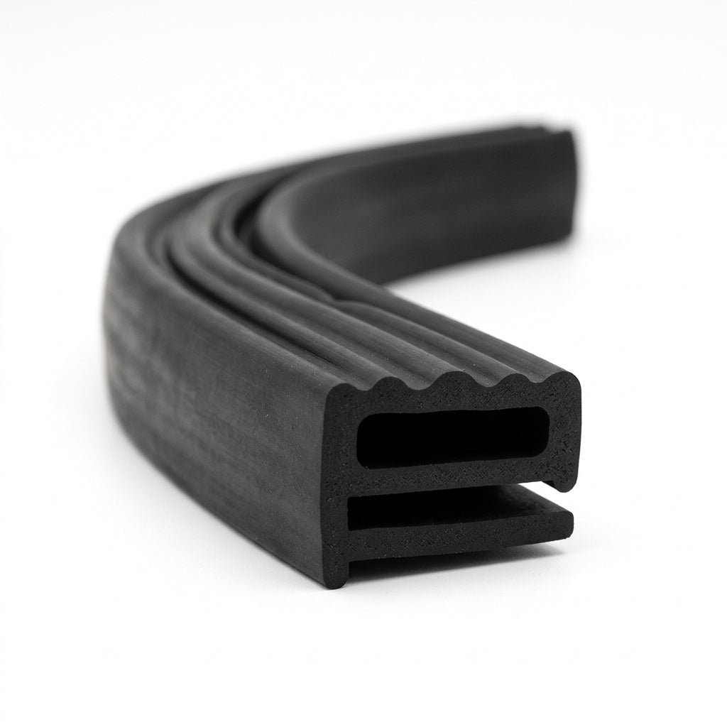 Coiled length of black rubber seal showing its ribbed top edge and rectangular hollow channel.