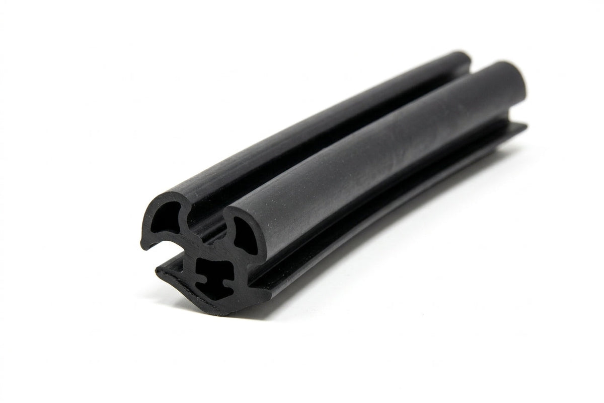 Black rubber windscreen seal with twin hollow channel, angled length on white background