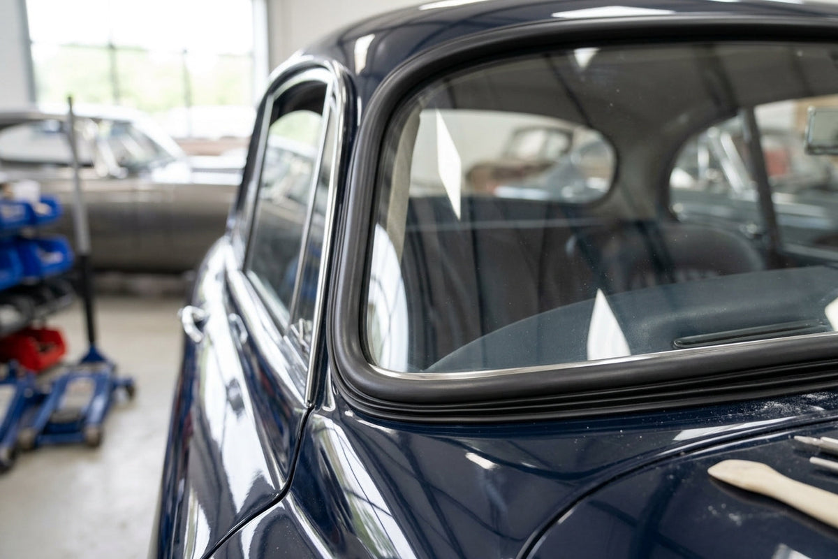 Windscreen seal fitted to the rear window corner of a dark blue classic Jaguar saloon
