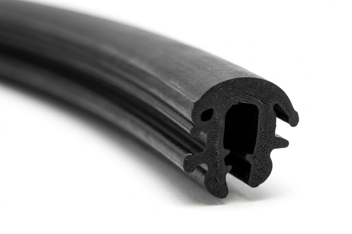 Black rubber windscreen seal with locking channel, coiled length on white background