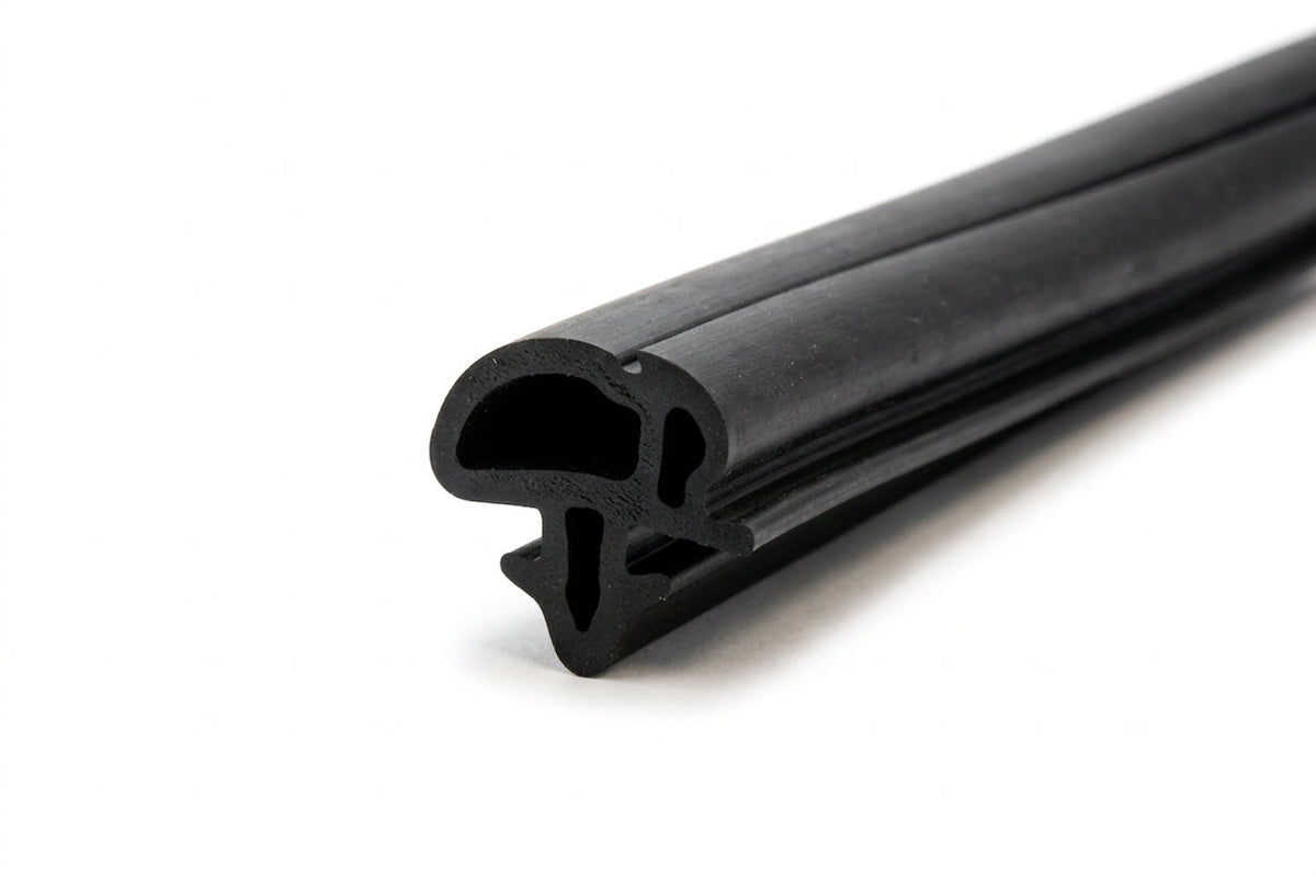 Black rubber windscreen seal with clawed locking foot, angled length on white background