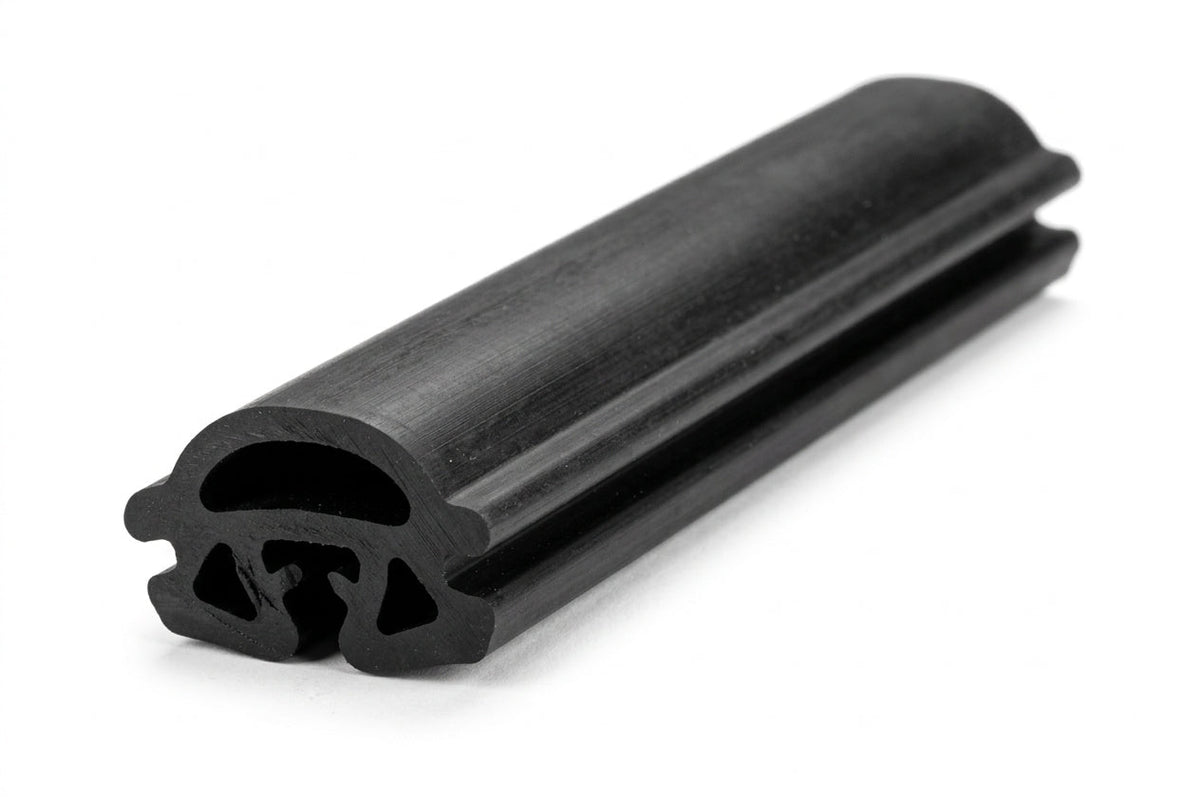 Black rubber windscreen seal shown at an angle with a double bulb profile