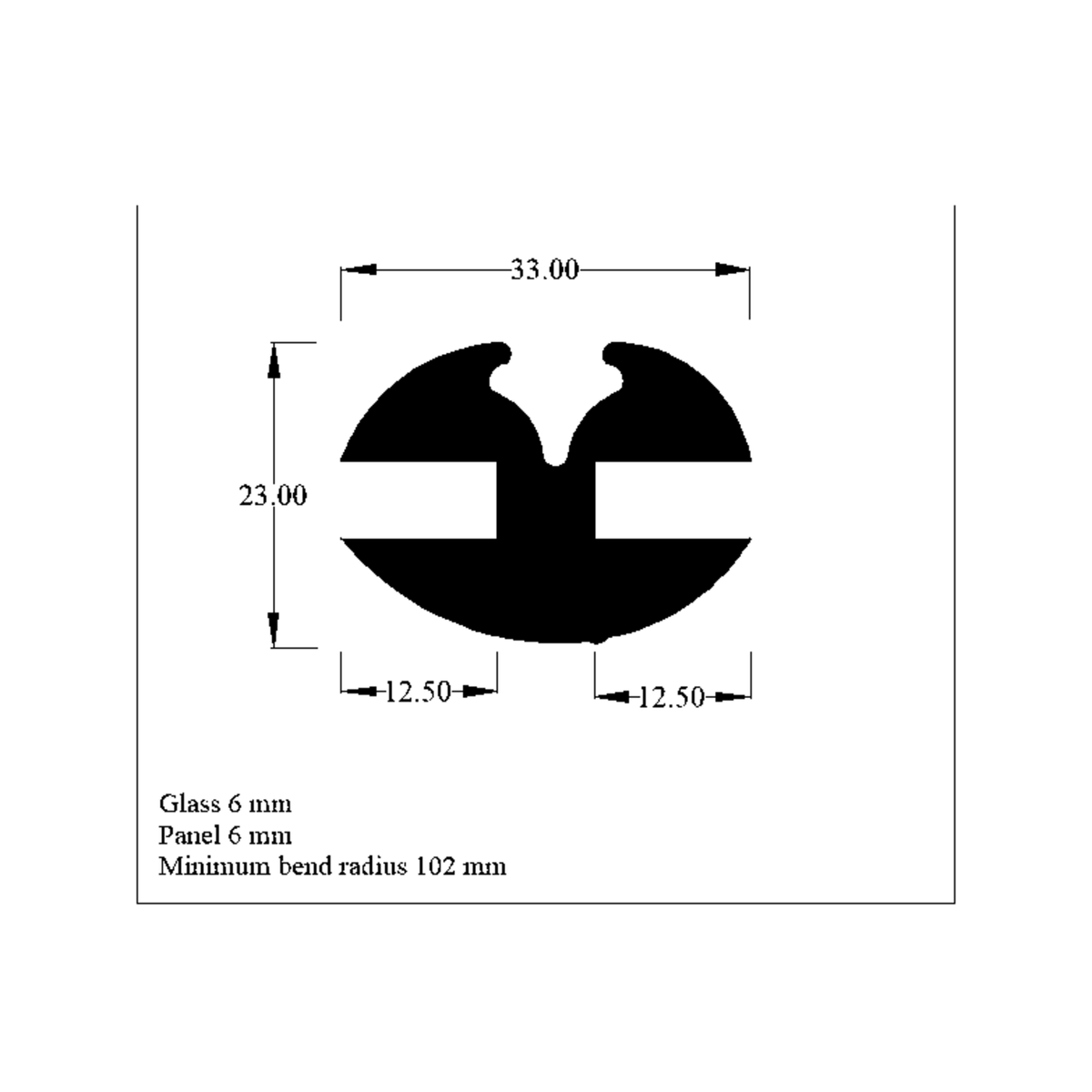 Cross-section diagram of the weatherstrip seal, 33mm x 23mm dimensions marked
