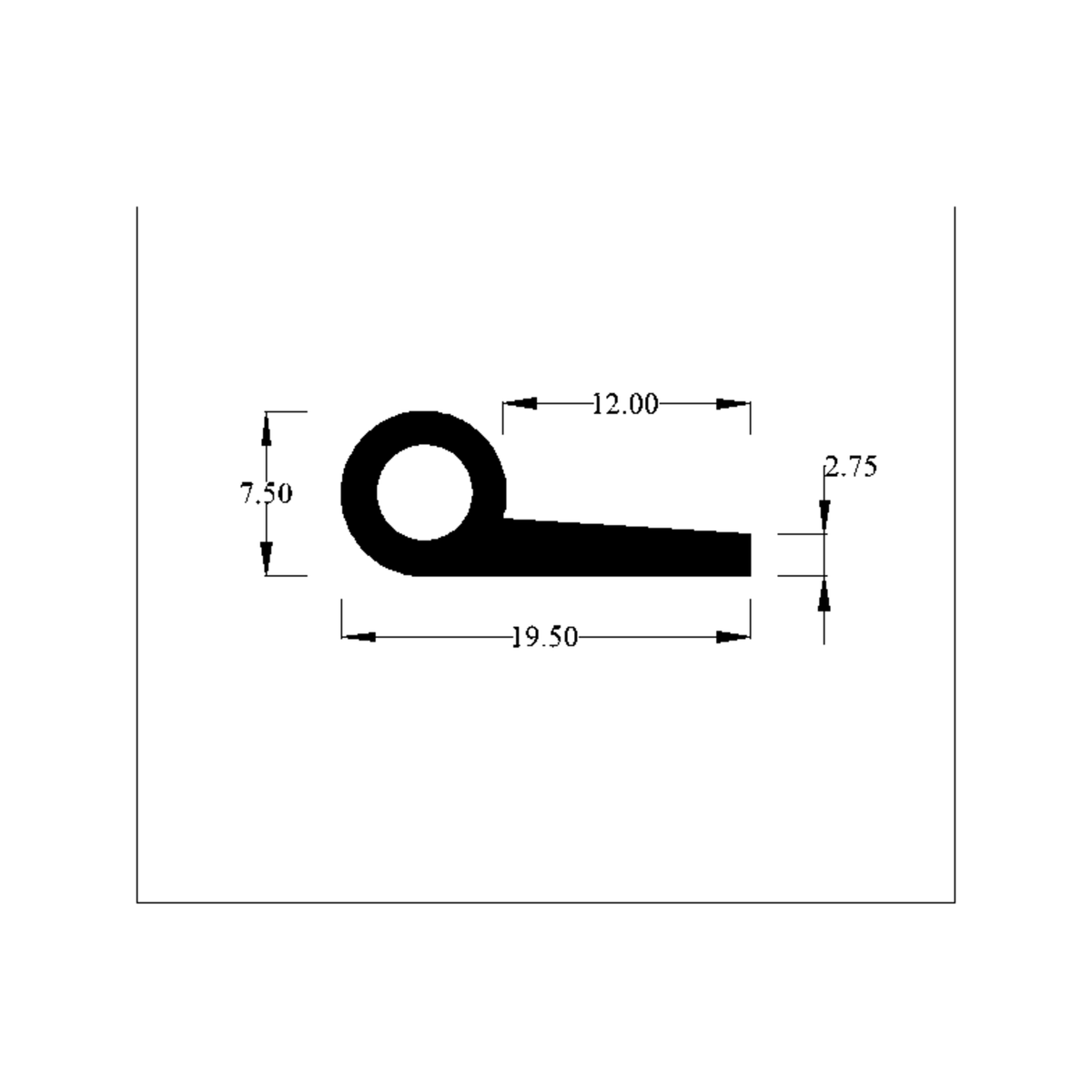 Cross-section diagram of hollow piping, 19.50mm long with 7.50mm bead marked