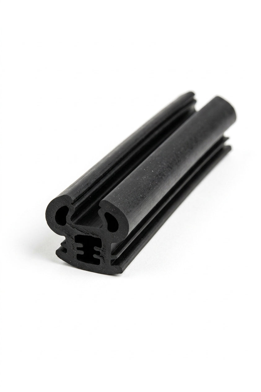 Black quarterlight seal profile with twin tube design, angled studio shot