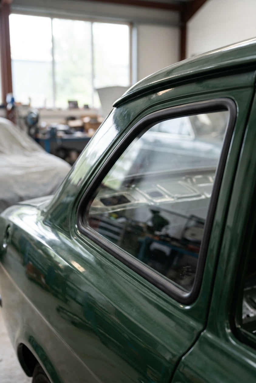 Black quarterlight seal fitted to a green Escort Mk1's side window, workshop