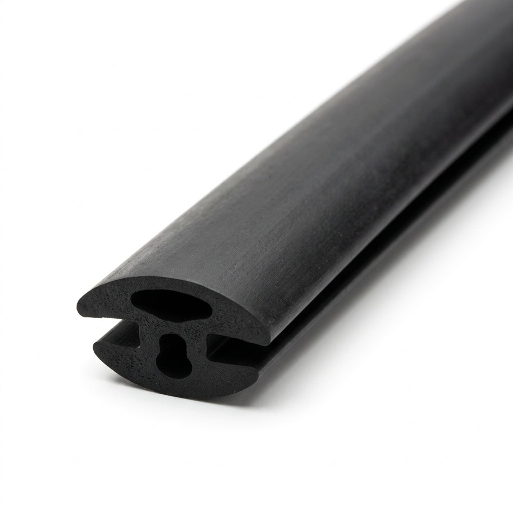 Black neoprene double channel seal coiled, close-up of twin-groove profile