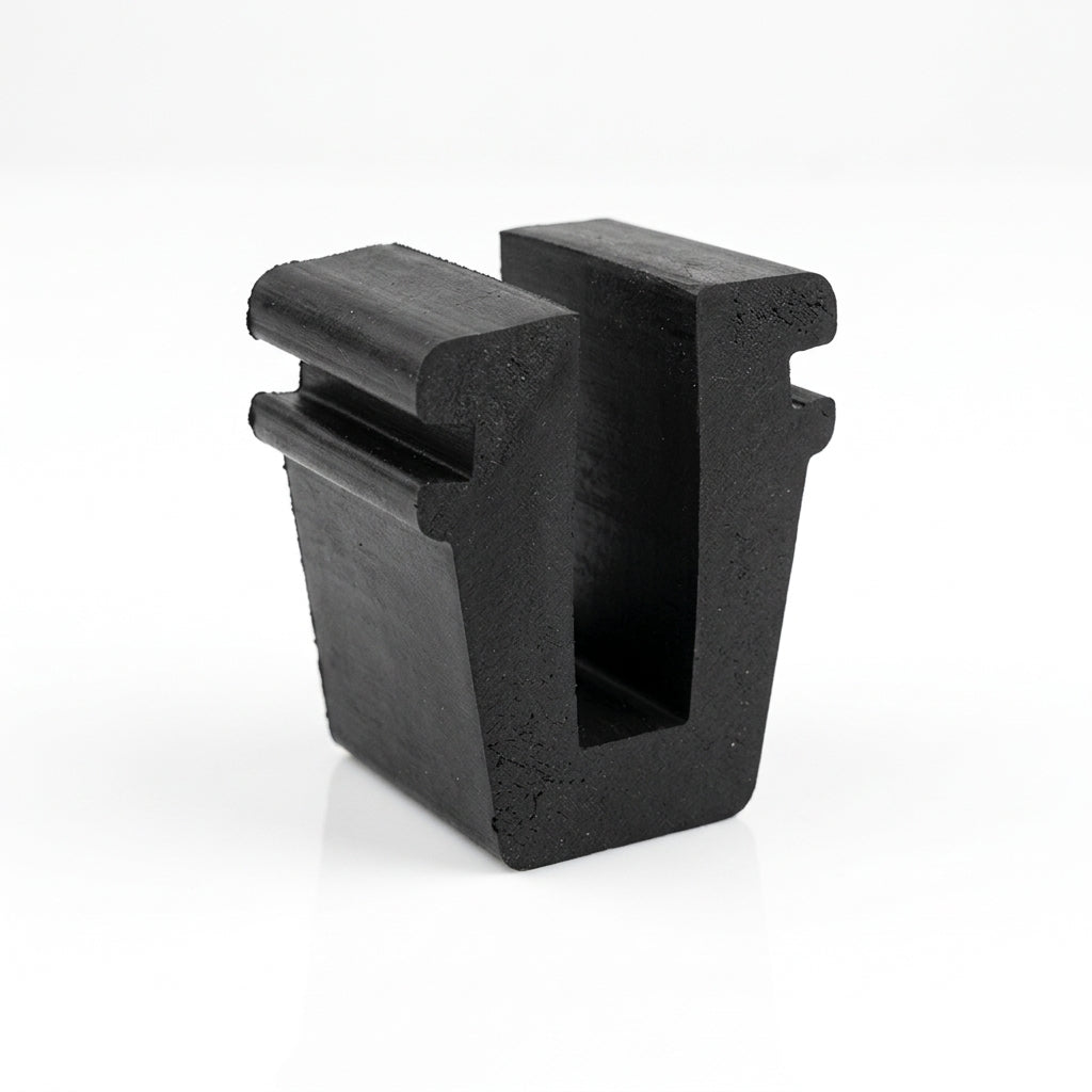 Black EPDM square channel profile, plain white background shot of ridged U-shaped block