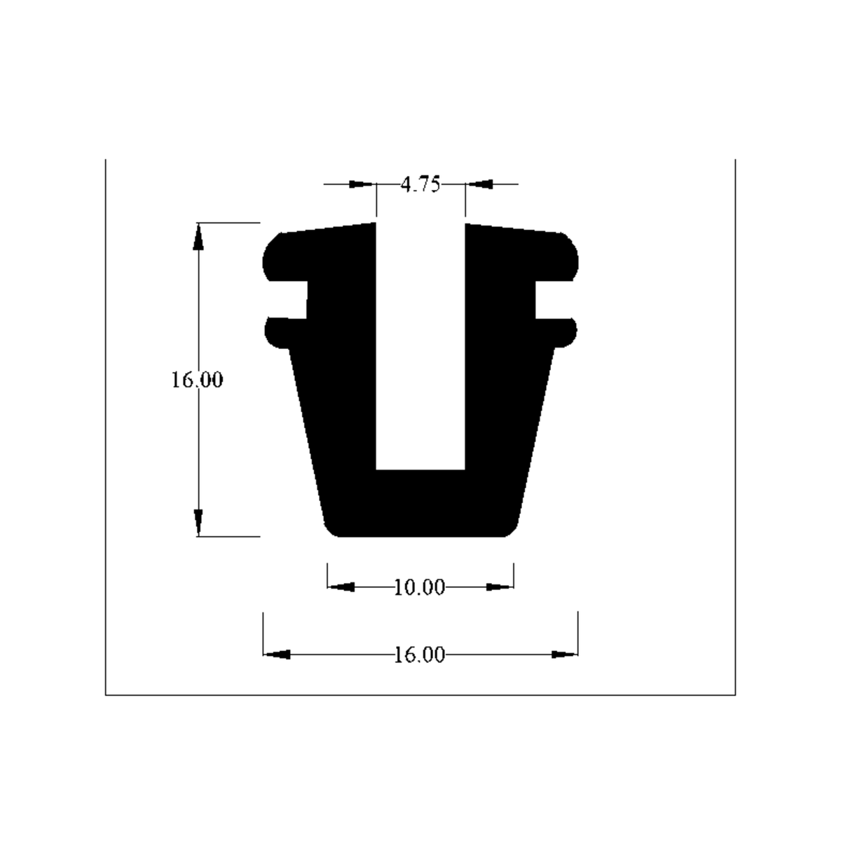 Cross-section diagram of square channel profile, overall height 16.00mm width 16.00mm marked