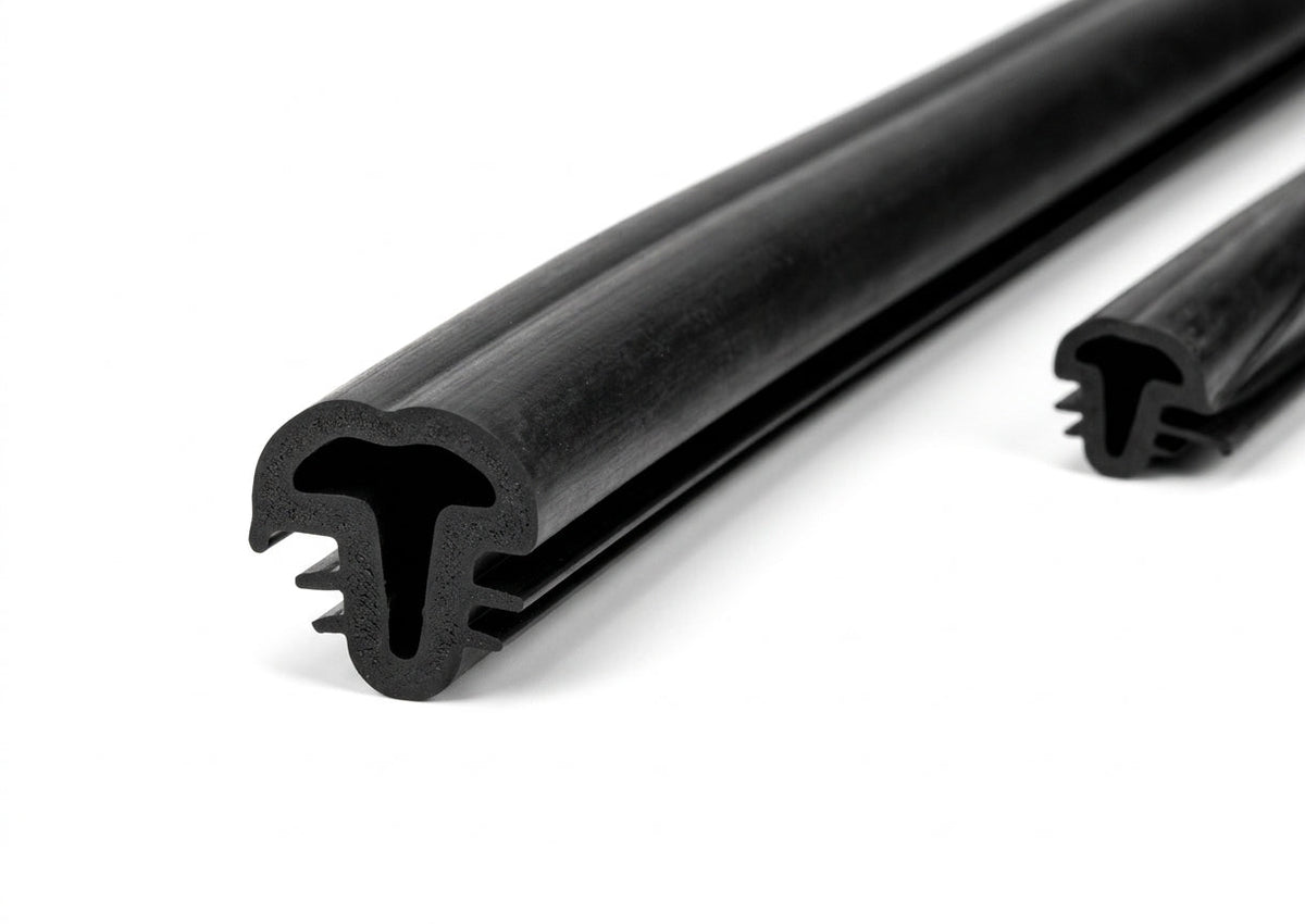 Two black rubber windscreen seal lengths with T-shaped barbed fin, coiled on white background