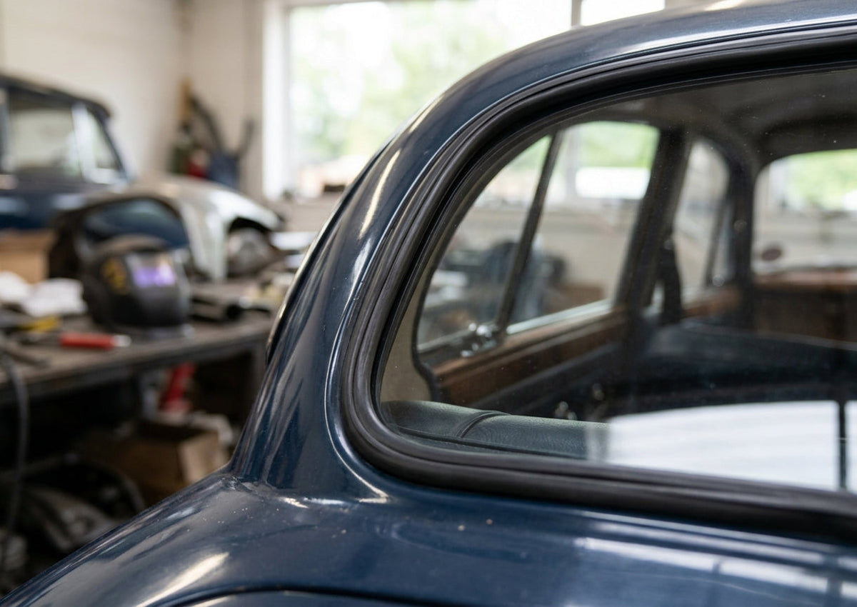 Windscreen seal fitted to the rear window corner of a dark blue classic Jaguar saloon