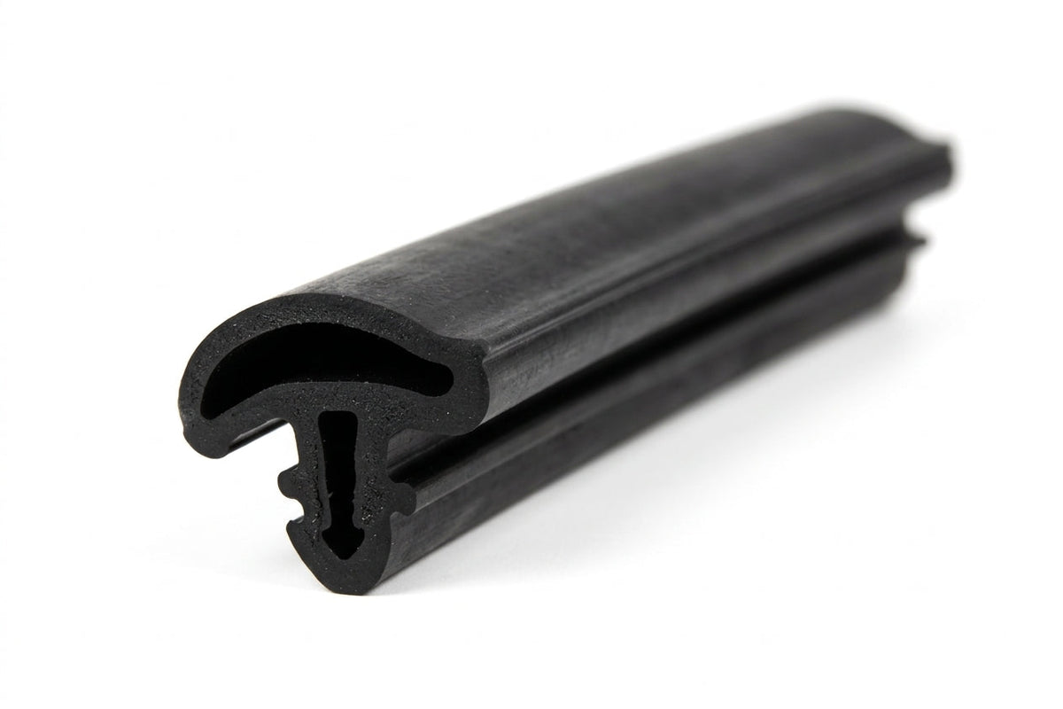 Black rubber windscreen seal length photographed at an angle, comb-tooth edge