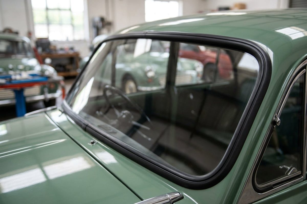 Windscreen seal wraps the corner of a green classic car's windscreen