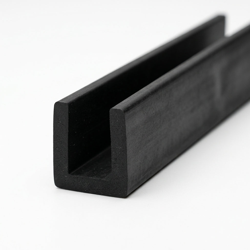 Black EPDM edge trim profile coiled, angled view of square-ended U groove