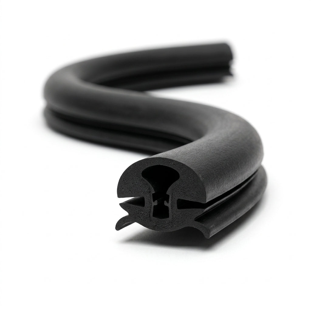 Black EPDM weatherstrip coiled, showing a keyhole-shaped locking channel profile