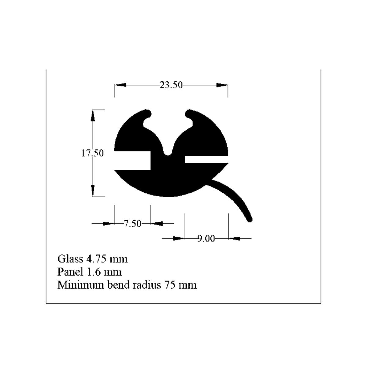 Cross-section diagram of the weatherstrip with an extended sealing flap, 23.50mm wide