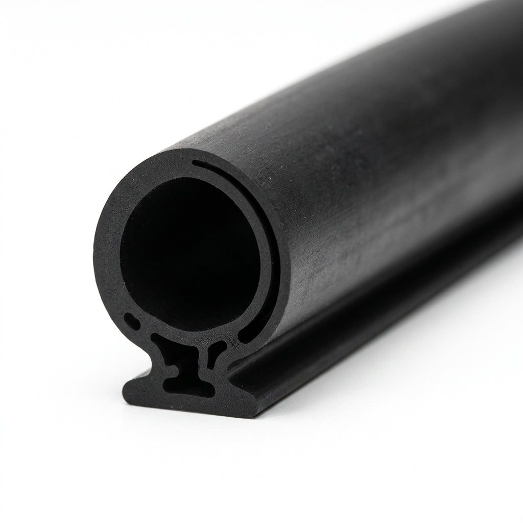 Black rubber tube seal with internal channel, coiled length on white background