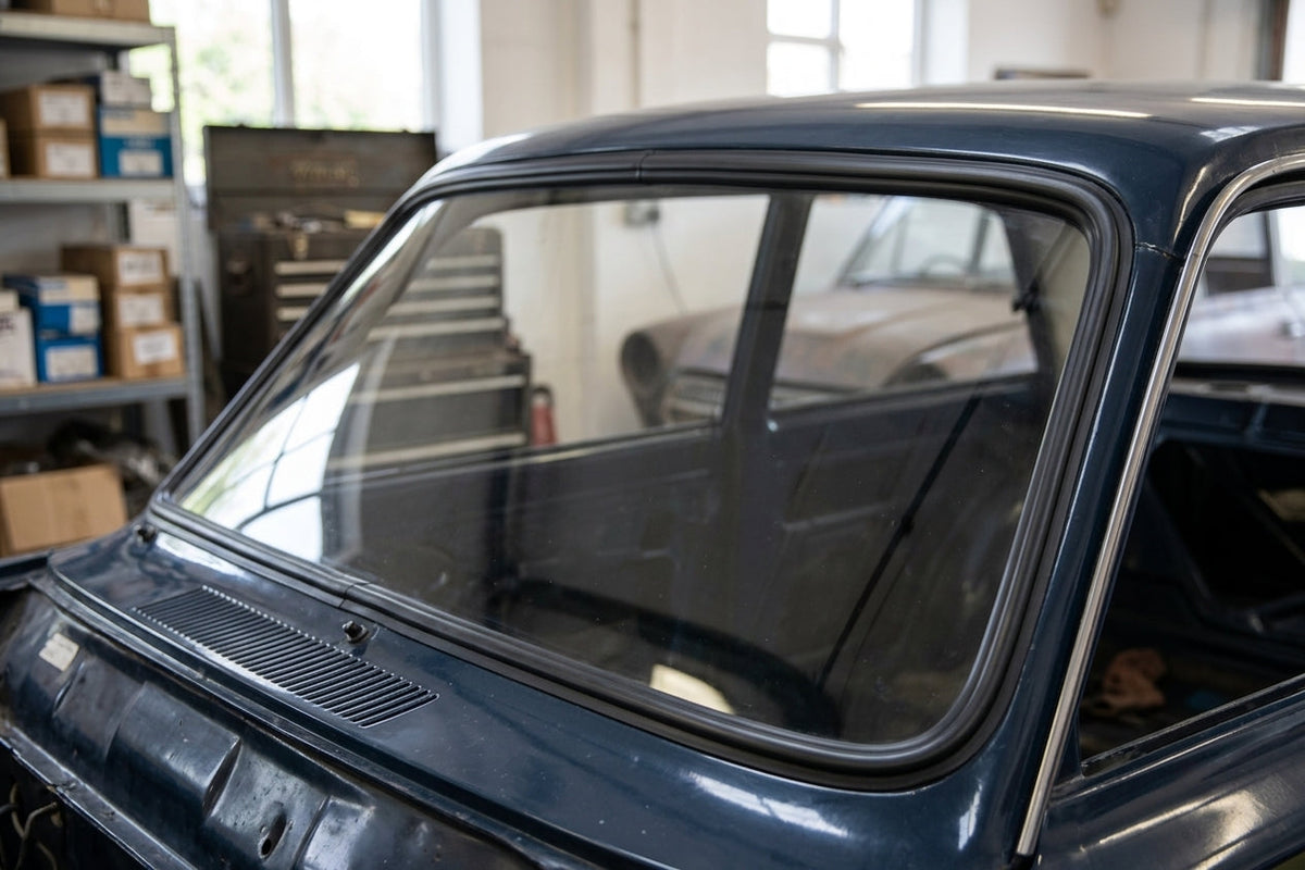 Black windscreen surround fitted to a dark blue Cortina's rear screen, workshop