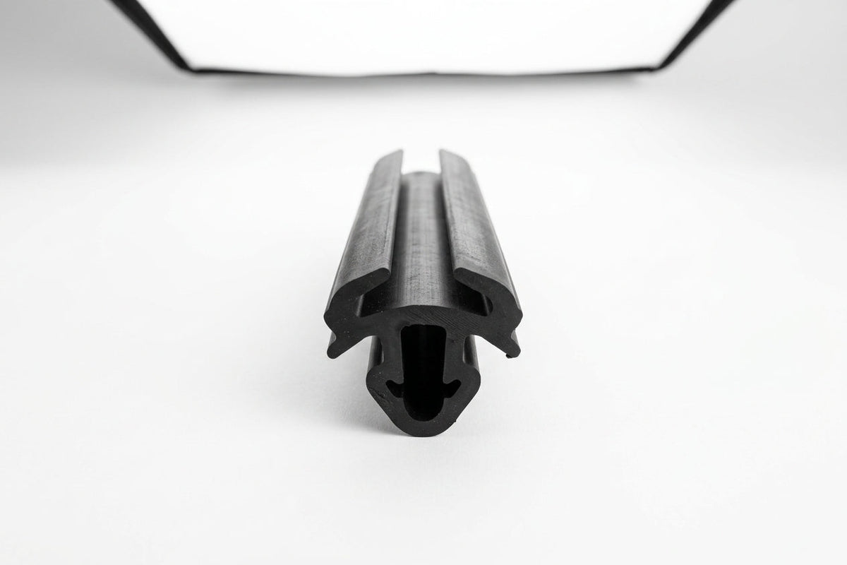 Black windscreen seal shown end-on with H-shaped locking channel, studio shot